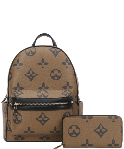 2in1 Pattern Print Design Zipper Backpack Set DH-8578-W KHAKI